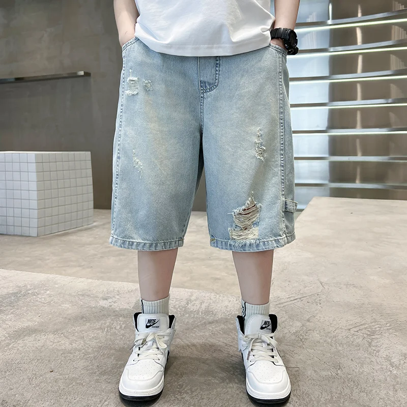Boy Luxury Clothes Summer Ripped Denim Shorts Kids Casual y2k Popular Capris Baggy Jeans Shorts Child High Street Fashion Shorts