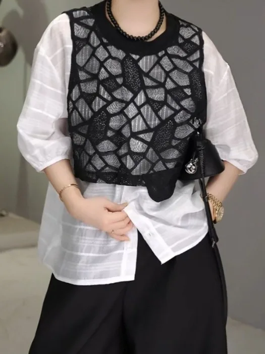 

Faionable Lace Splice round Ne irt Summer Slimming Concealing European Sle Retro irt Women's Loose Fit ort Sve