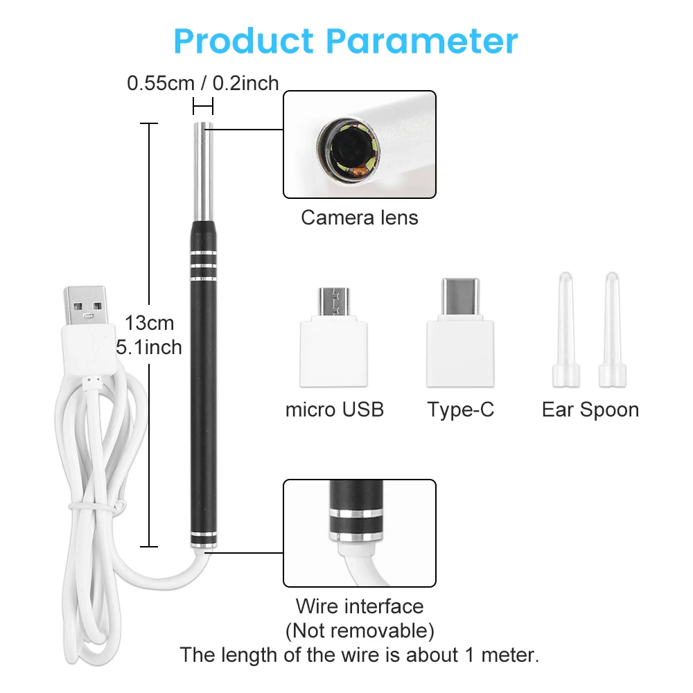 Imagem -05 - Orelha Usb Endoscópio Câmera 5.5 mm Lente Otoscópio Escavação Inteligente Escopo Confortável Ear Picking Stick Ferramenta Portátil Luzes Led 1m