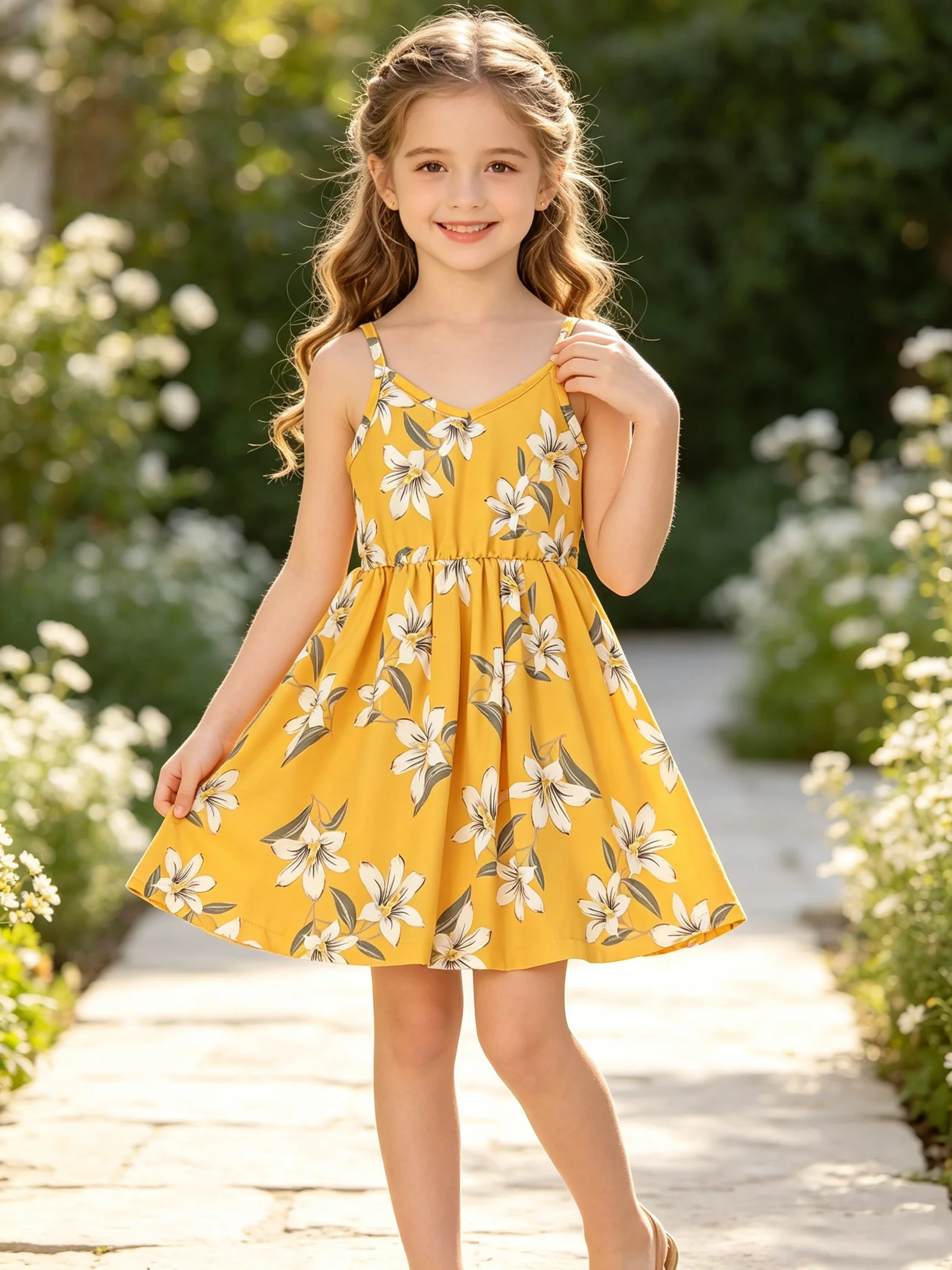 Kleines Mädchen-Trägerkleid mit Blumenmuster, V-Ausschnitt, elastische Taille, Party- und Strandkleid, süßes Sommer-Trägerkleid – Detail 2