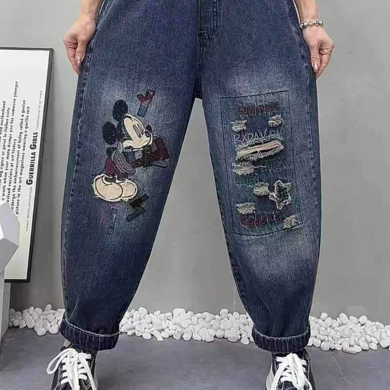 

Disney 2026 New Vintage Embroidered Mickey Casual Dad Jeans for Women, Elastic Waist Harem Denim, Loose Applique 9-Point Pants