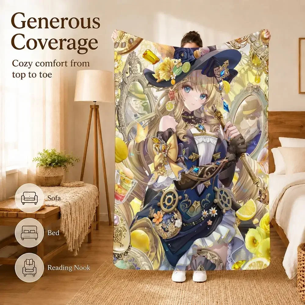 Stylish Game Genshin Impact Navia Throw Soft Lightweight Flannel Blanket for Sofa Couch Bedroom Living Room Home Decor