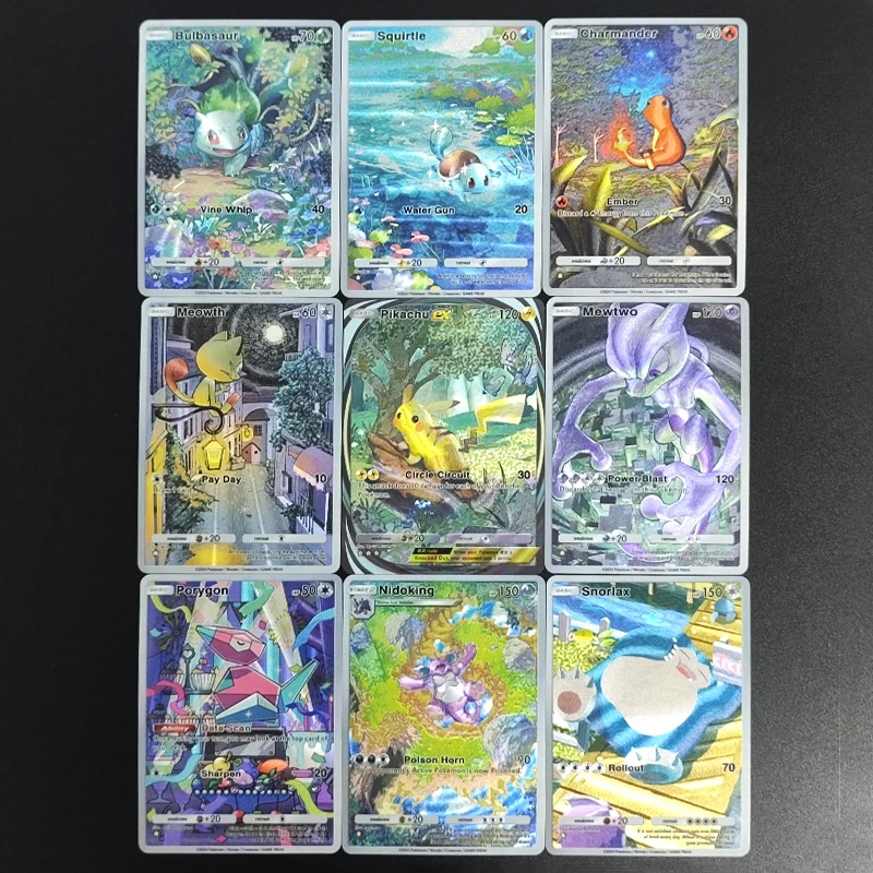

9PCS DIY PTCG Pocket Card English Mewtwo Meowth Pikachu Charmander Squirtle Bulbasaur Nidoking Hobby Collection Flash Card Toy