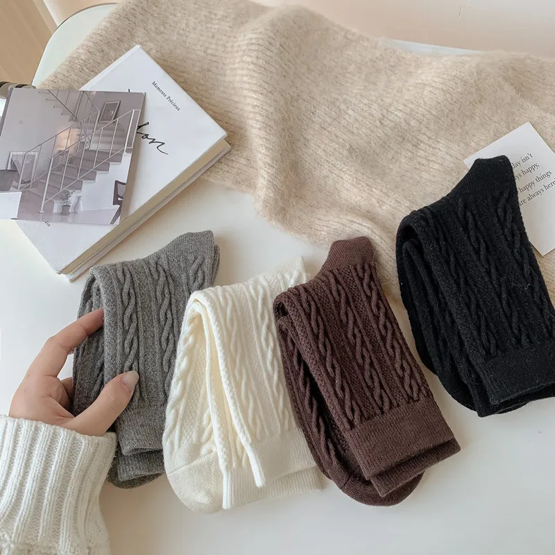 8 Pairs Women's Japanese Style Knit Cashmere Mid-Calf Socks Set Casual Warm Winter Socks Woman Grip Socks High Quality Hosiery