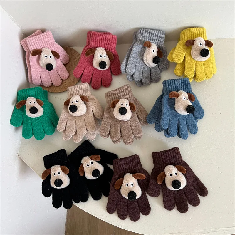 Cute Cartoon Dog 1-5Y Children Gloves Autumn Winter Simple Knitted Baby Furry Full Finger Mittens Soft Writing Gloves Keep Warm