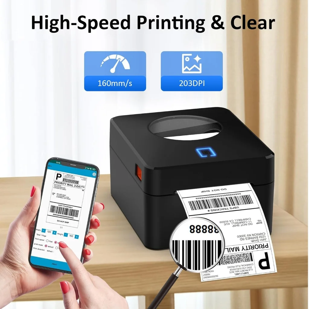 Thermal Label Printer, BLUETOOTH / USB 4X6 Shipping Label Printer for Shipping Packages,Support Windows/Mac/iOS/Android Black