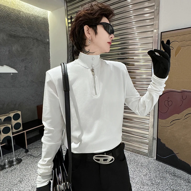 PFNW Pearl Zipper Trim Men's T-shirt Korean Fashion Mock Neck Solid  Color Male Long Sleeve Tops Summer New Stylish 2024 9C4239