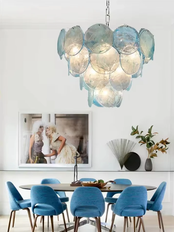 French Medieval Luxury Blue Glass Led Pendant Lights Art Metal Round Lustre Living Room E14 Chandelier Lighting Bedroom Lamps