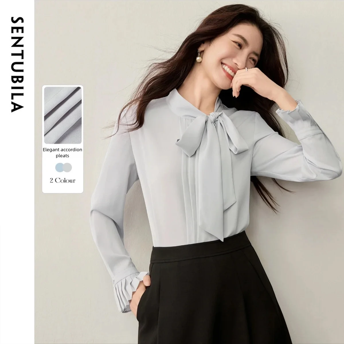 

SENTUBILA Women Blouse 2025 Autumn Elegant Office Chiffon Shirt with Bow Tie Neck Ruffle Pleated Design Top for Lady 153VC1989