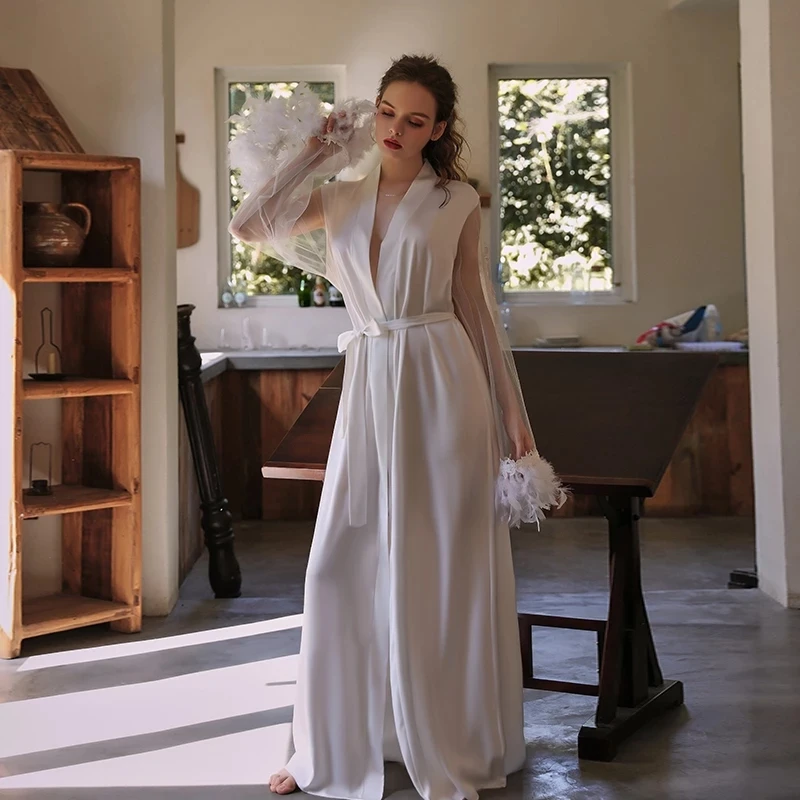 Long Bride Robe White Bathrobe Female Sexy Sleepwear Wedding Pijama Cuffs Homewear Embroidery Women Mesh And Feather Lace