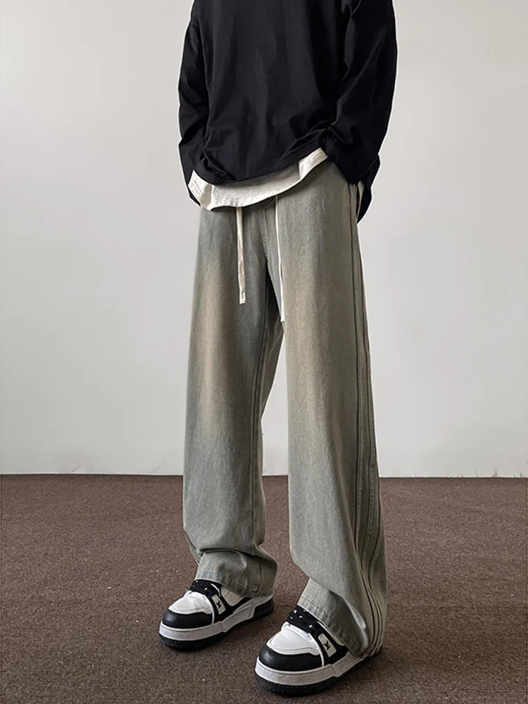 

Американские винтажные джинсы прямого кроя для мужчин, модные брендовые брюки в стиле INS, свободные широкие повседневные длинные штаны