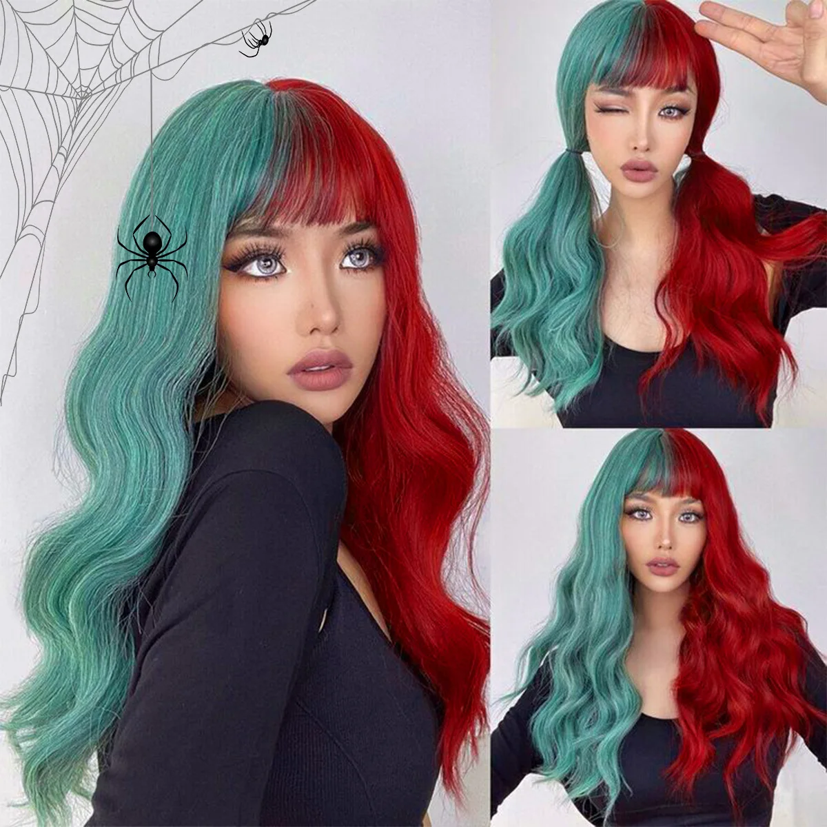 

Long Wavy Halloween Cosplay Wig Half Red Half Green Wigs with Bangs for Women Natural Synthetic Heat Resistant Wig for Christmas