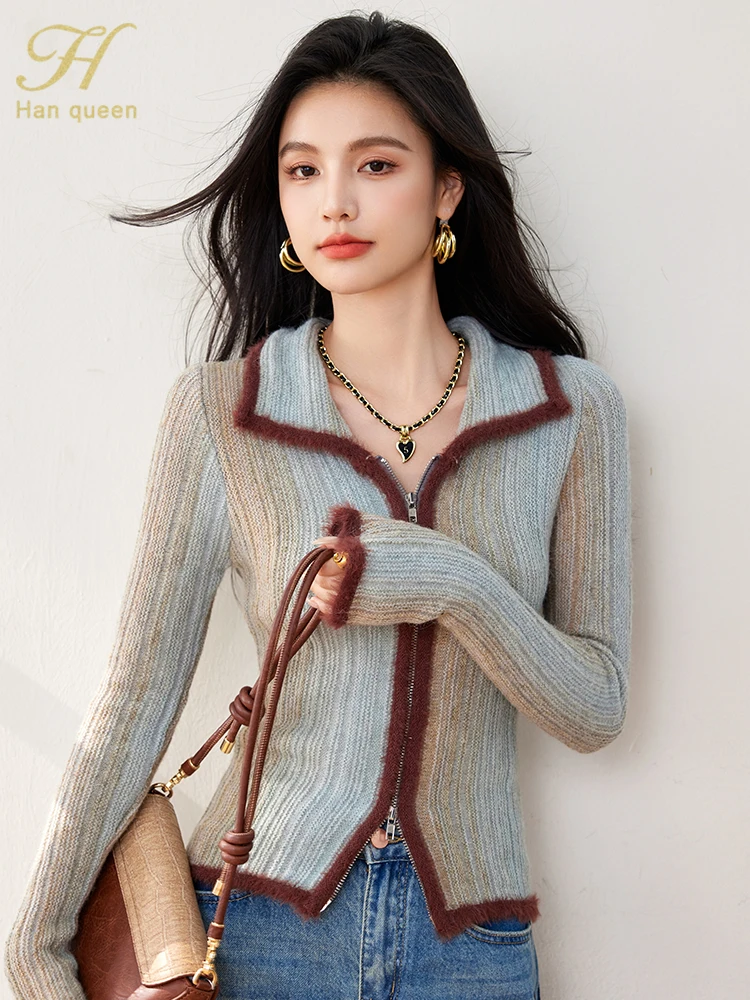 H Han Queen 2024 Autumn Winner Korean Colorblocking Fashion Sweaters Women Vintage Casual Tops Chic Basic knitted Zip Cardigans