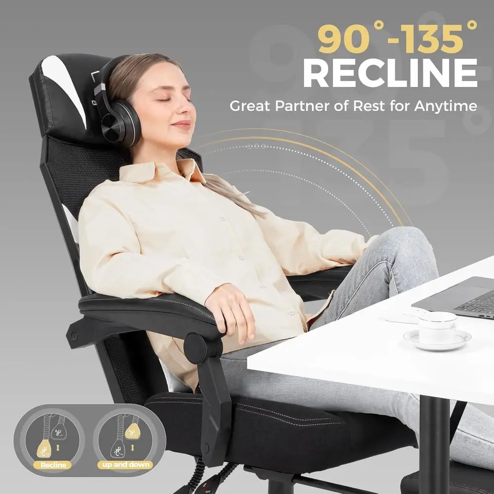 Gaming Chair with Mesh Back, Ergonomic Office Chair with Footrest, 90-135° Reclining Game Chairs for Home Office, Big and Tall C