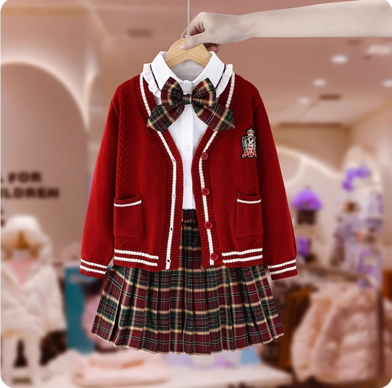Girls' Spring and Autumn College Style Set Uniform Skirt Cardigan Sweater Coat 3-Piece Set