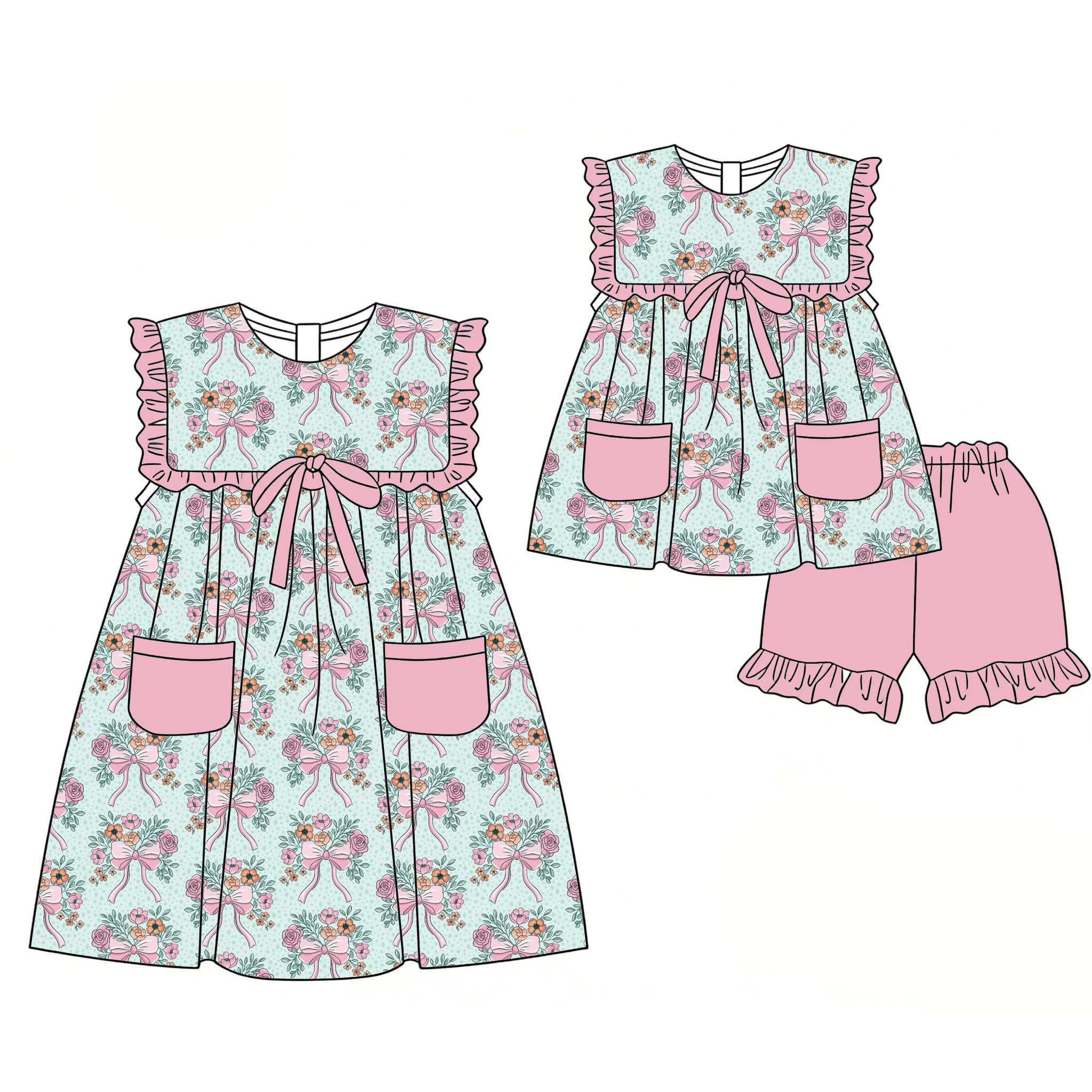 Boutique children's sets Sleeveless ruffle dress paired with shorts pocket bow decoration Fruit flower bow prints dress and set