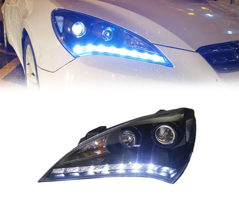 Suitable for 09-12 Hyundai Genesis Coolpad headlight assembly modified LED daytime running lights double light lens xenon lamp