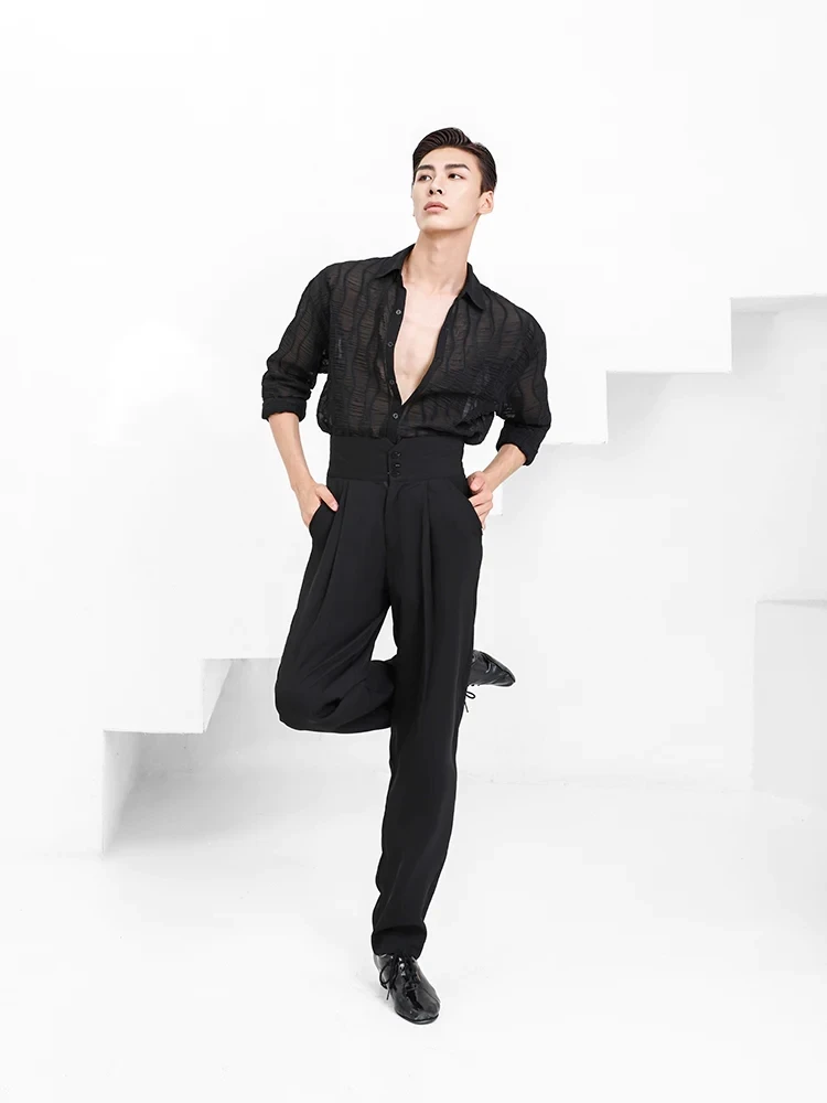 ZYMdancestyle Long Sleeves Latin Dance T-shirt Men\'s Practice Top Wear Deep V Neckline Seethrough Design Charles Shirt #N007