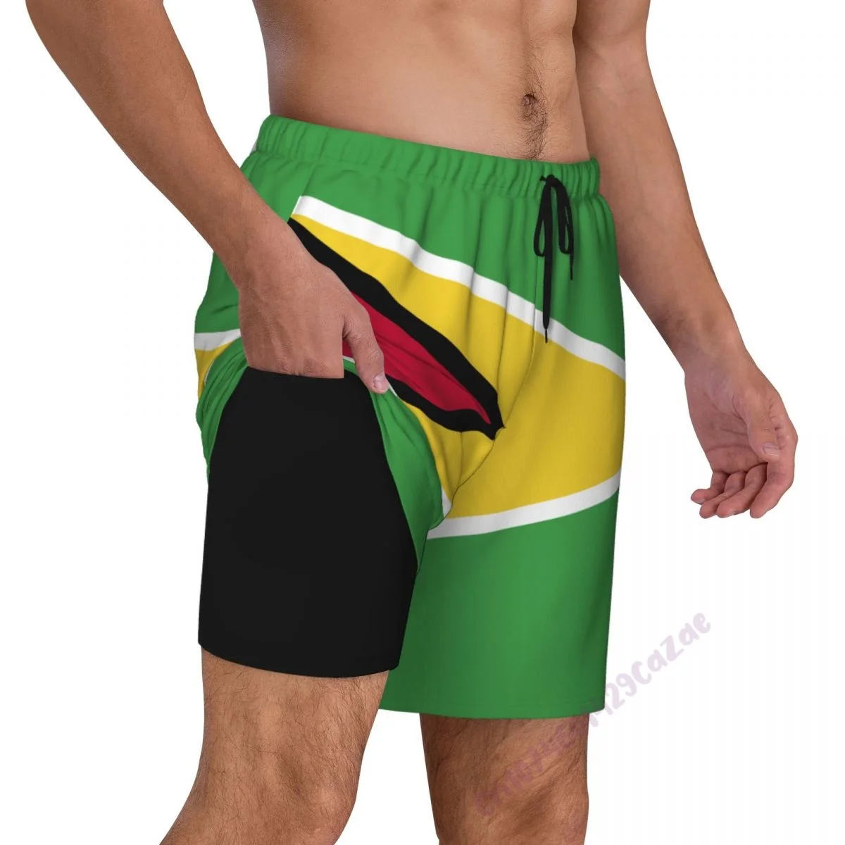 Guyana Flag 3D Mens Swimming Trunks With Compression Liner 2 in 1 Quick-Dry Summer Swim Shorts With Pockets