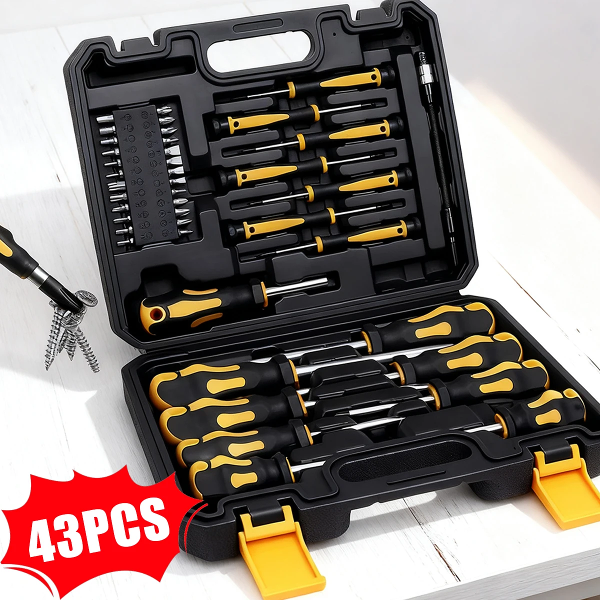

43pcs Professional Screwdriver Set with Magnetic Bit Holder - Chrome Vanadium Steel, Includes Slotted, Phillips, Hex, Torx Bits