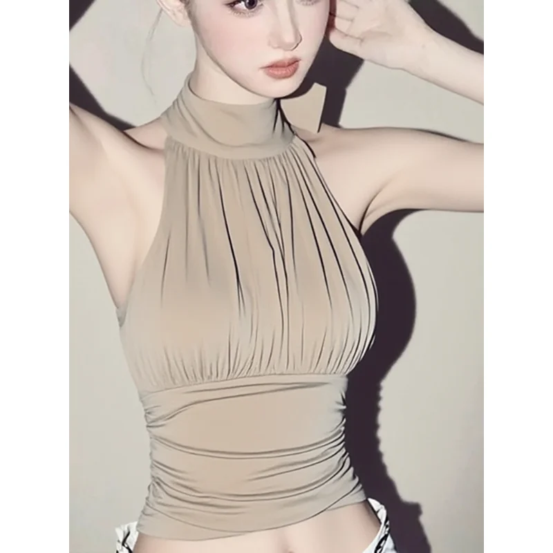 Early Autumn Unique Waist-Cinching Short Lightweight Sleeveless Top Design Sweet-and-Spicy Girl Neck Hanging Strap Vest Women