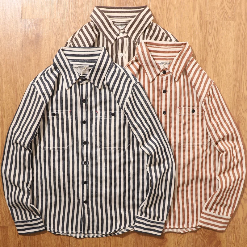 

American Vintage Heavyweight 100% Cotton Vertical Striped Long-sleeve Shirt for Men High Quality Casual Workwear Shirt Jacket