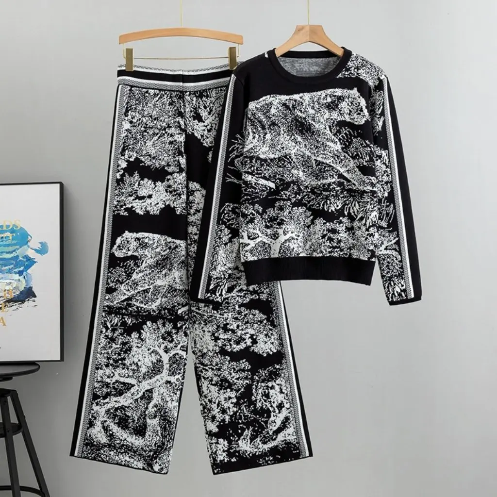 

Европейская станция, осенне-зимний вязаный костюм с тигровым принтом, свободные широкие брюки, модный комплект, женская одежда