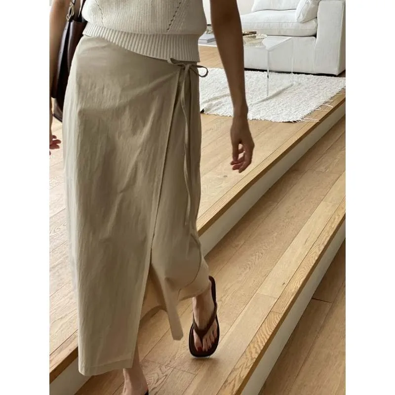 Elegant Long Skirt Basic Solid Color High Waist Side Lace-up A-line Skirts For Women 2024 Summer Chic Retro Office Ladies