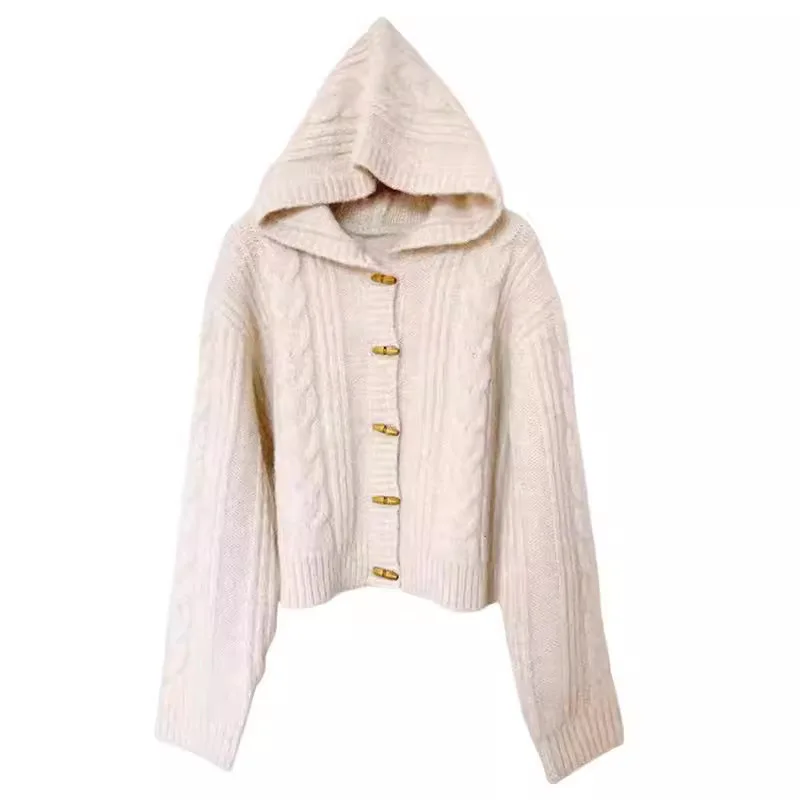 

Women Hood Cardigan Sweater Solid Jumper Cable Knitted Long Sleeve Horn Buttons Single Breasted Loose Casual Autumn Winter 2025