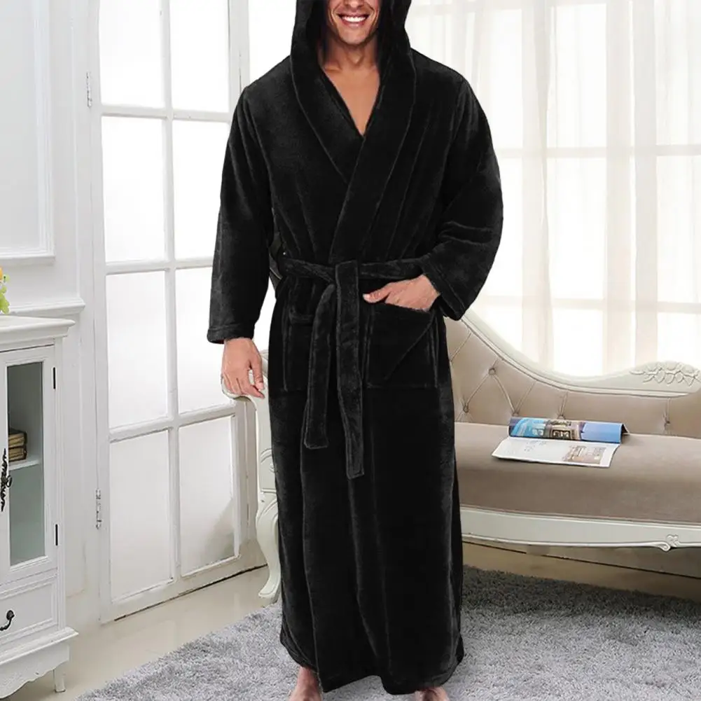 Fleece Nightgown Ankle Length Men Bathrobe Waist Lace-up Winter Warm Hooded Long Fleece Home Gown Sleepwear Anti-freeze