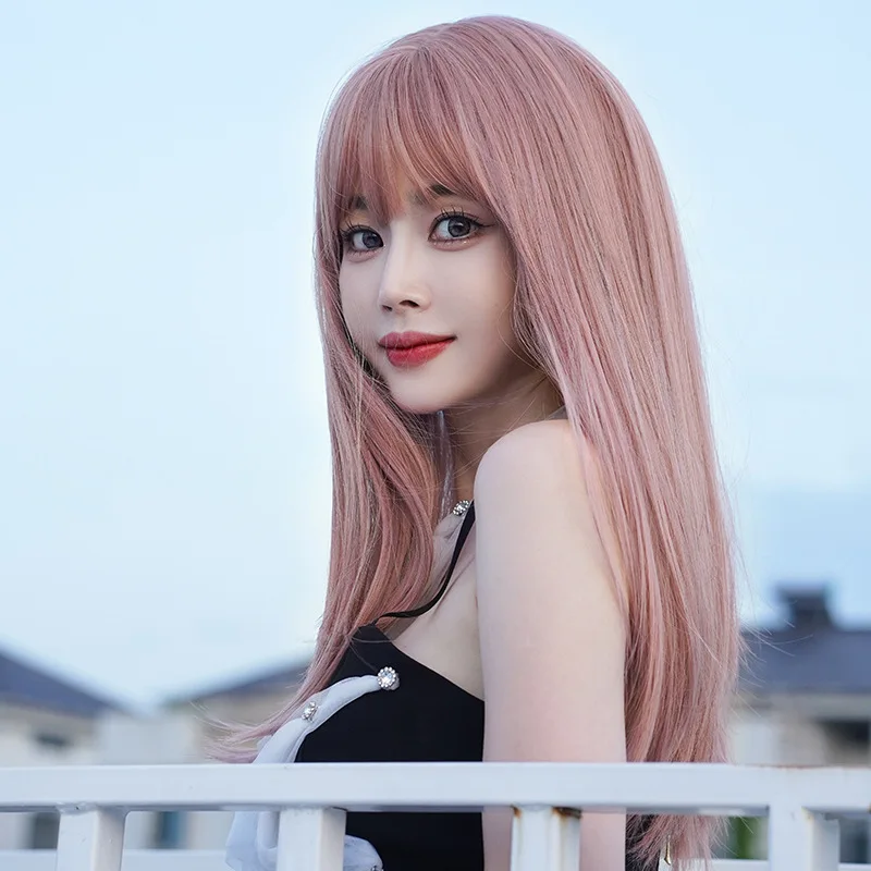 Women's , full head style, internet celebrity long straight hair with air bangs, pink , fashionable wig - view 3