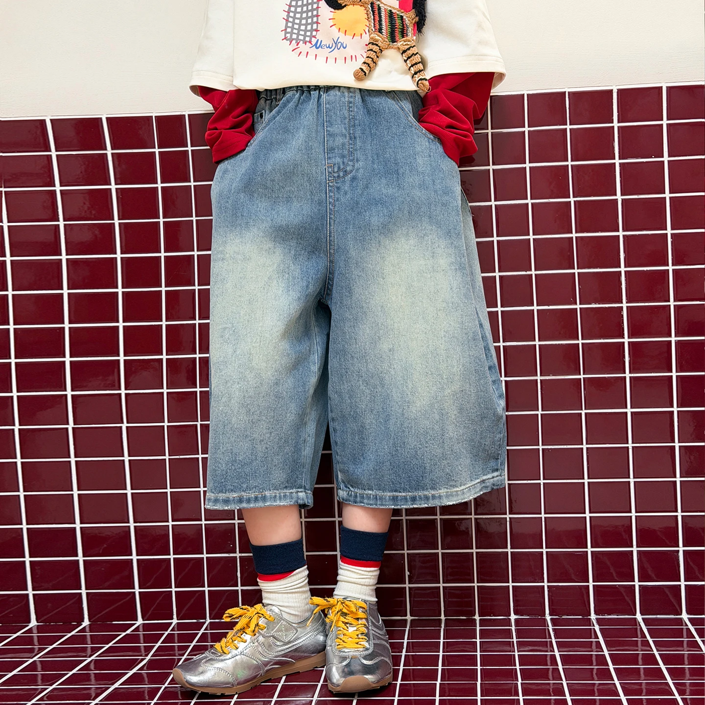 Girls' Lightweight Denim Seven-Eighths Pants Korean-Style Wide Leg Summer Outerwear Unique Casual Leggings