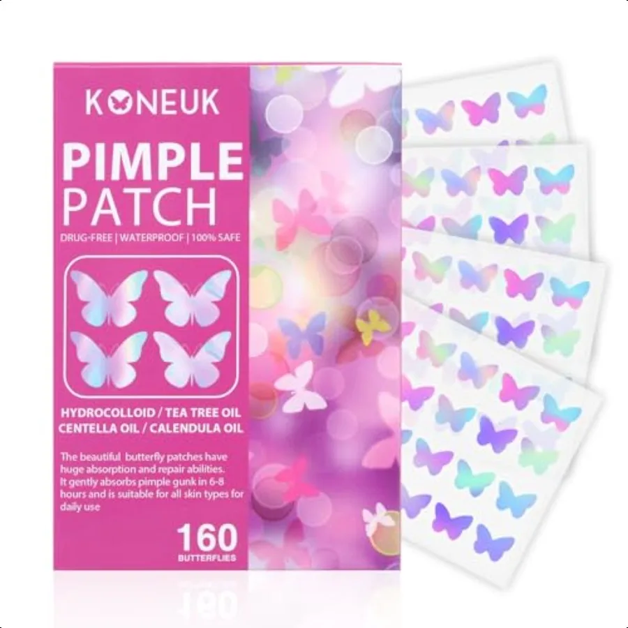 Parches para espinillas y acné para la cara, 160 unidades, parches hidrocoloides para acné con aceite de árbol de té y extracto de caléndula, bonita mariposa colorida