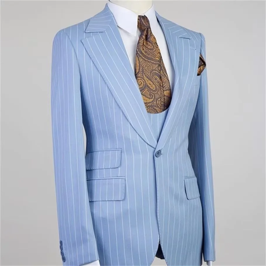 

Blue Stripe Men's Suit 3Pcs Blazer Trousers for Men Custom Made Costume Homme Slim Fit Groom Wedding Party Wear Jacket+Pant+Vest