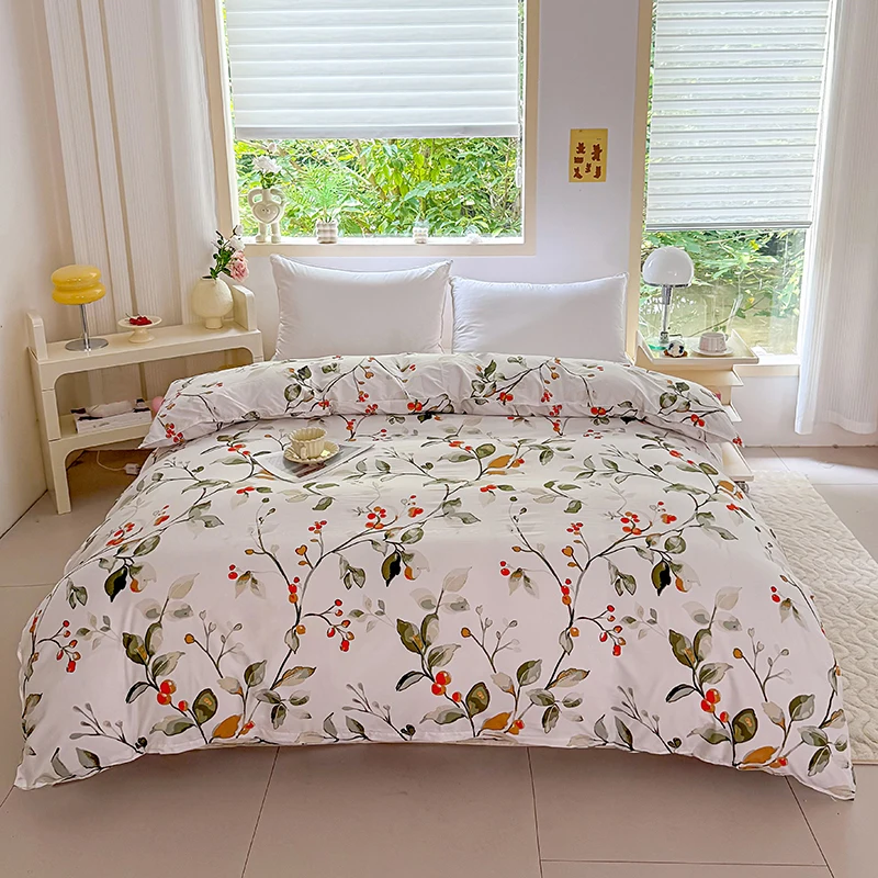 1PC White Floral Print Duvet Cover, Green Leaf & Red Berry Pattern Bedding for Fresh Nature-Inspired Bedroom Decor
