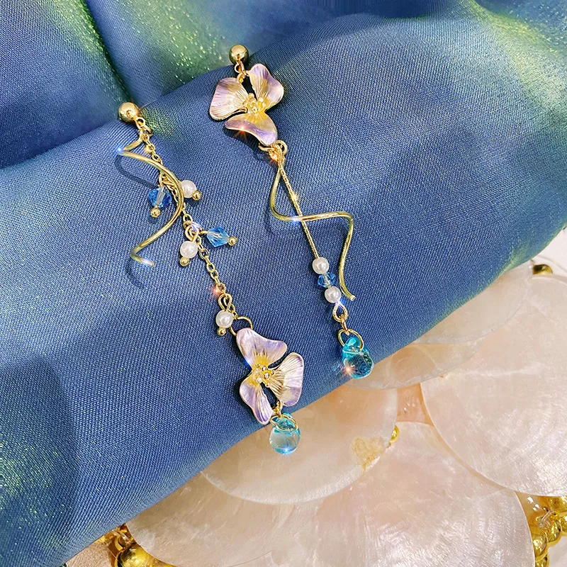New Trendy Cute Flower Asymmetrical Spiral Dangle Earrings for Women Charm Long Tassel Blue Crystal Drop Earring Wedding Jewelry