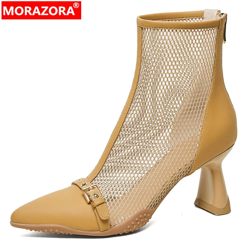 

MORAZORA 2024 New Pointed Toe Female Zipper Summer Boots Genuine Leather Women Ankle Boots Thick High Heels Modern Boots
