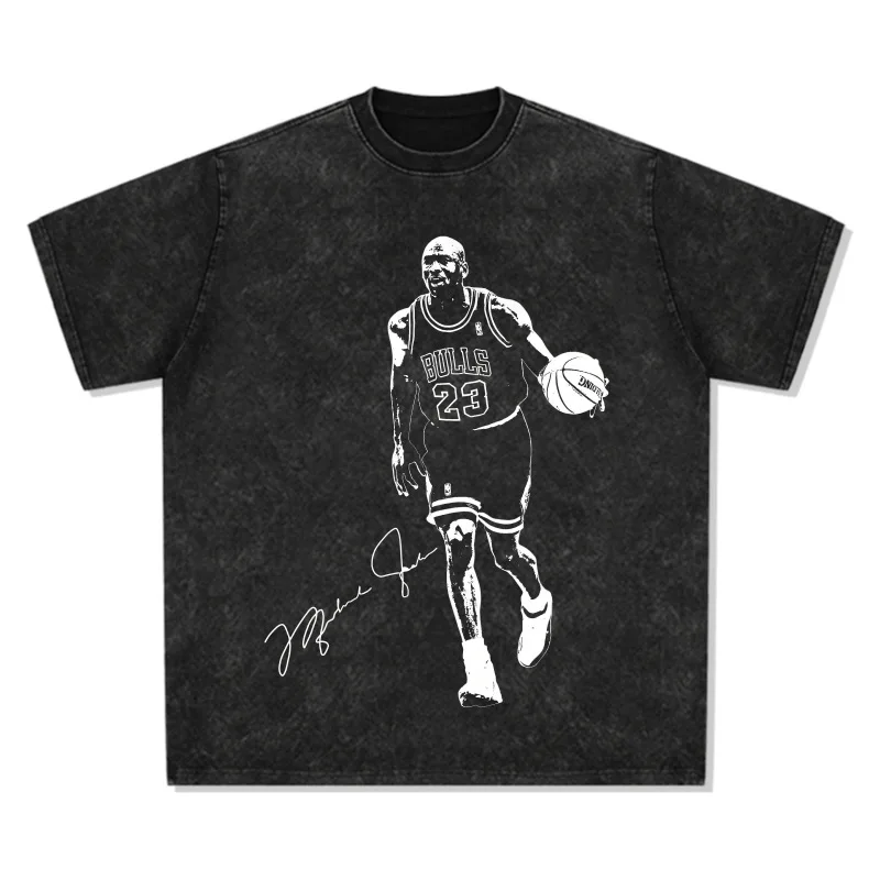 

2025 MJ Michael, An American Football Star, Retro Printed Trendy Brand Washed Pure Cotton Round-neck Short-sleeved T-shirt
