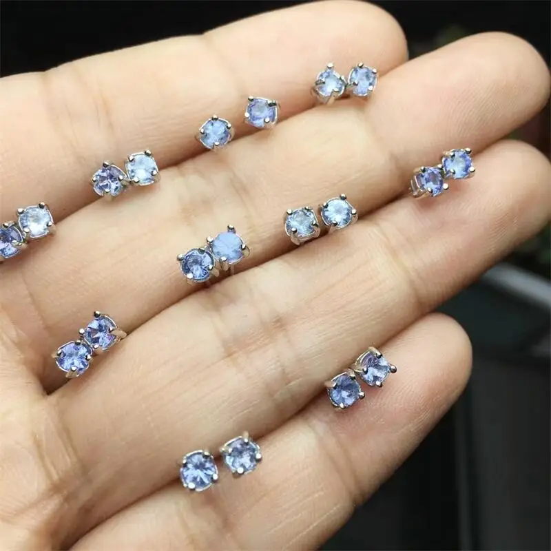 S925 Natural Tanzanite Stud Earrings Women Fashion Sweet Reiki Healing Fengshui Energy Strand Girls Jewelry Gift 1Pair