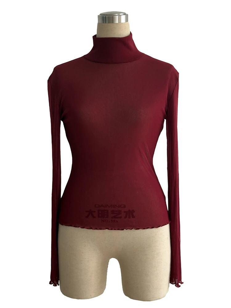 Neu, Frühling, europäisch, Kleidung, Mesh, T-Shirt, Damen, Mode, sexy, Rollkragen, aushöhlen, Oberteile, lange Ärmel, Bottoming-Shirt, T-Shirts, 57029