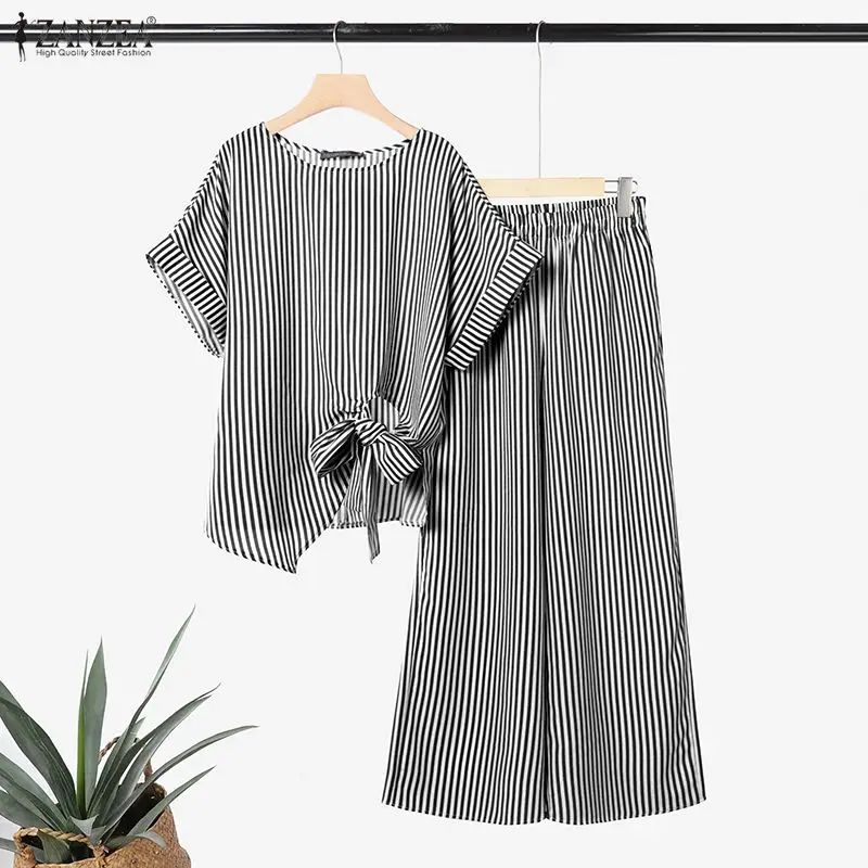 Fashion Women Outfits ZANZEA Summer 2PCS O Neck Short Sleeve Blouse Wide Leg Pant Sets Striped Work Tracksuit 2 Pieces Sets 2026