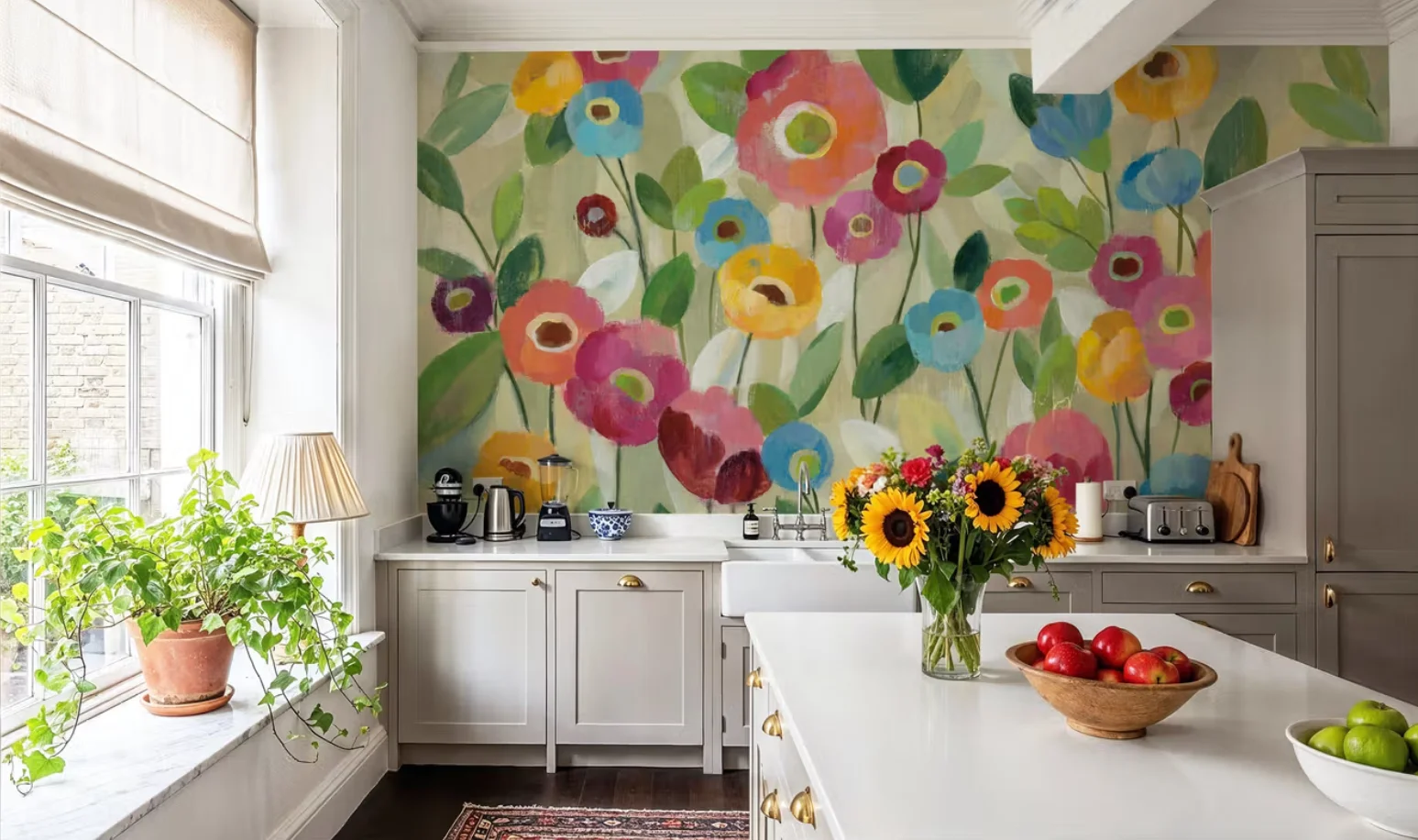 

Custom sized murals with colorful abstract paintings depicting blooming flowers Paintings in red pink, yellow blue, and orange