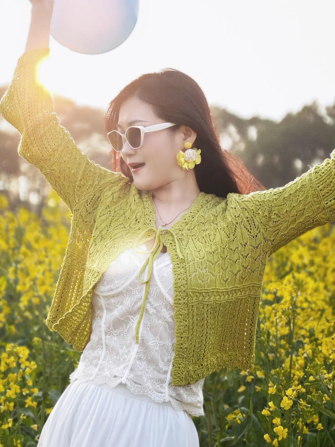 Dopamine Green Lace Knitted Light Weight Summer Cardigan Women's Outerwear Air Conditioning Cover up Casual Style Long Sleeve
