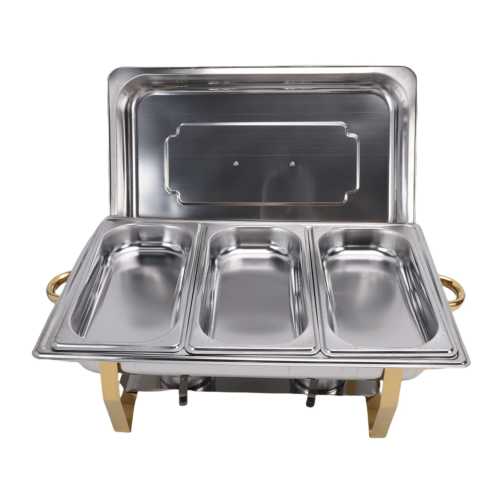 Rechteckiger Catering-Chafer aus Edelstahl mit Deckel, Kraftstoffhalter, Buffet-Speisenwärmer für Partys, Veranstaltungen, Hochzeiten, 3 Fächer