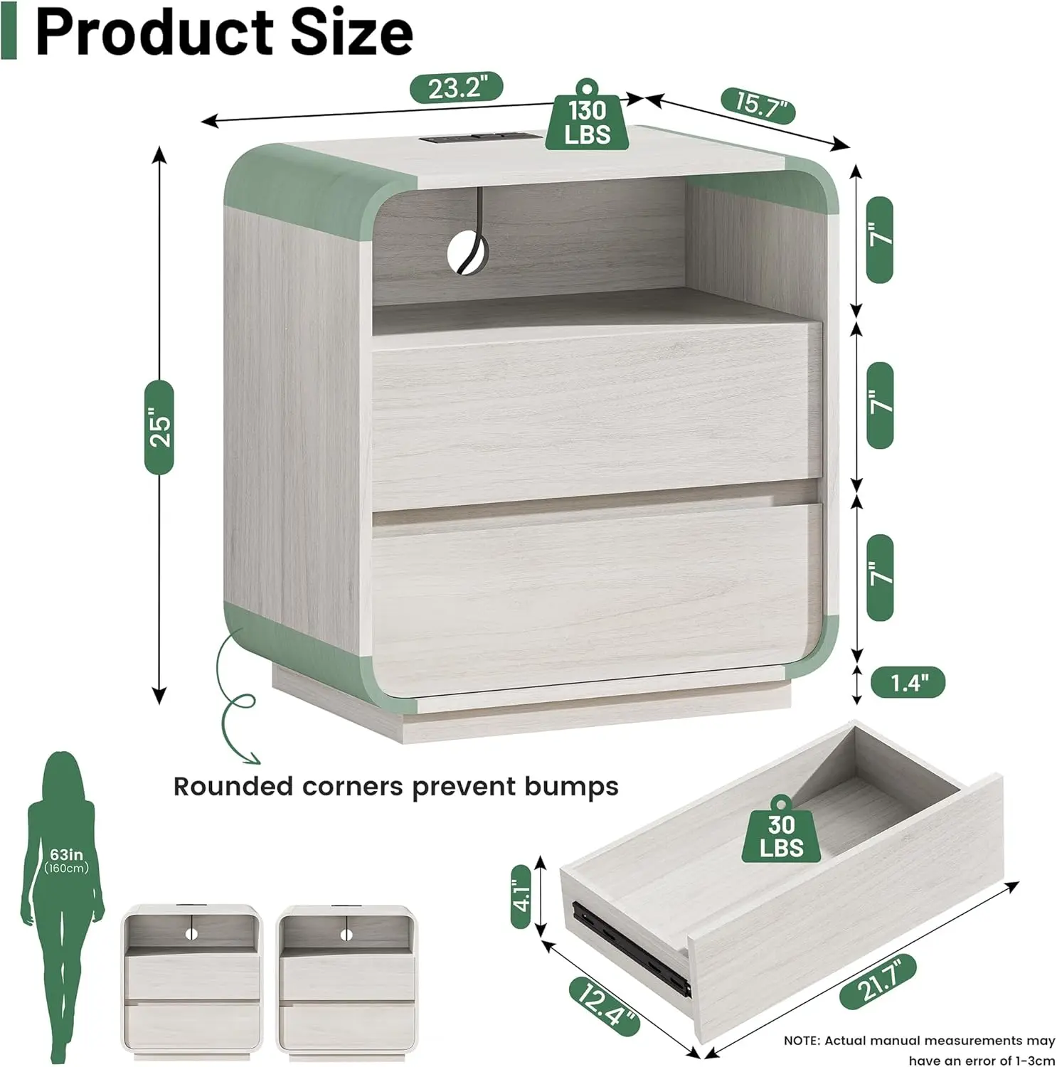 زوج من طاولات النوم الحديثة بعرض 23.2 مع قاعدة شحن وأدراج تخزين