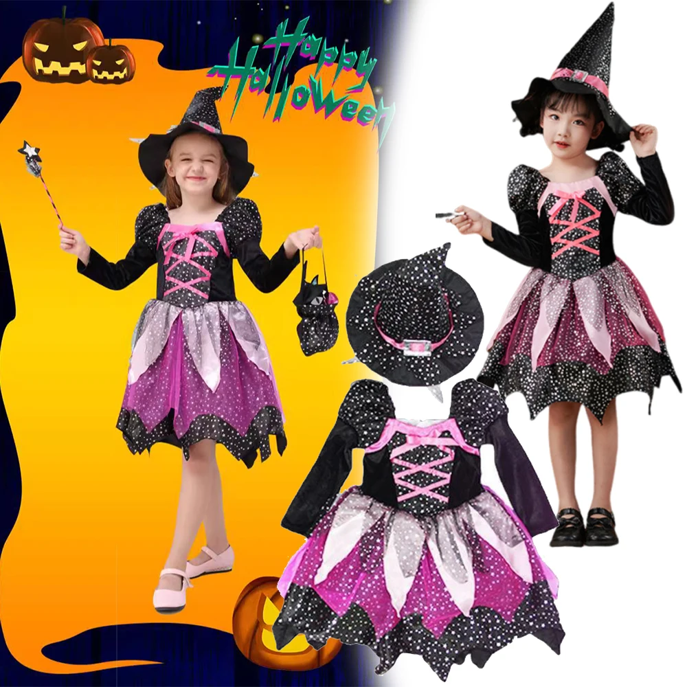 Children Star Print Witch Tutu Outfit Irregular Mesh Dress with Accessories Holiday Trick or Treat Role Play Halloween Costume
