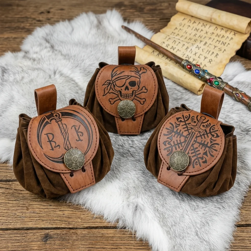 Medieval Viking Norse Rune & Sword Embossing Pattern Drawstring Coin Purse Dice Bag Portable Vintage Waist Bag Unisex for Renaissance Fairs & Cosplay