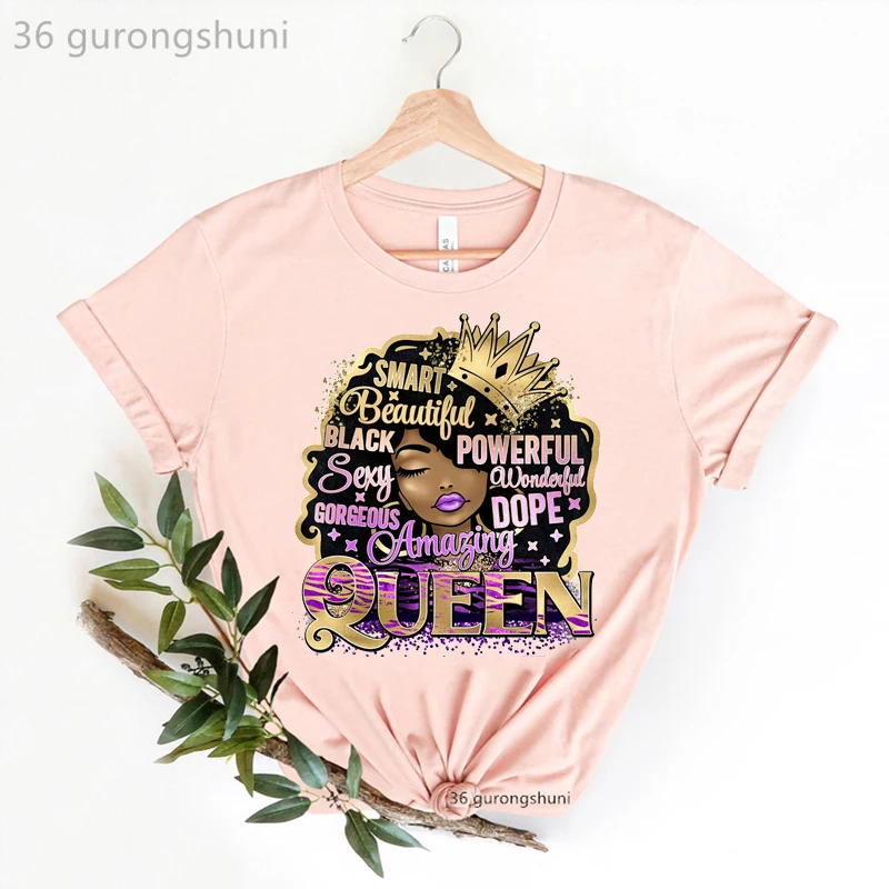 

Colorful Birthday Queen Crown Print Tshirt Women Cool Black Girls Magic T Shirt Femme Afro Hair Melanin T-Shirt Female Tops