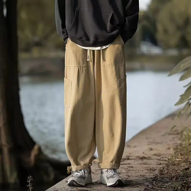 

Мужские брюки цвета хаки, свободного кроя, прямые, повседневные, длинные, для активного отдыха, с высокой талией, из хлопка, весенние, городской стиль