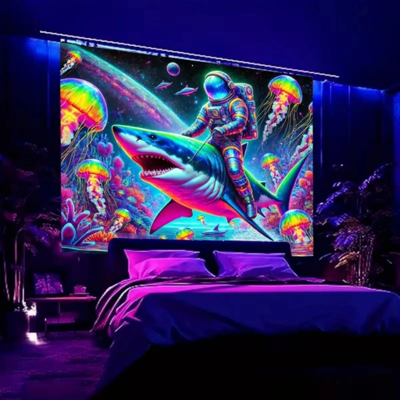 2D Flat - A Vibrant 2D Fluorescent Tapestry Featuring a Neon Celestial Astronaut Design, Perfect for Decorating Your Bedroom, Living Room, Or Office Walls. It Can Also Serve As a Festive Door Flag